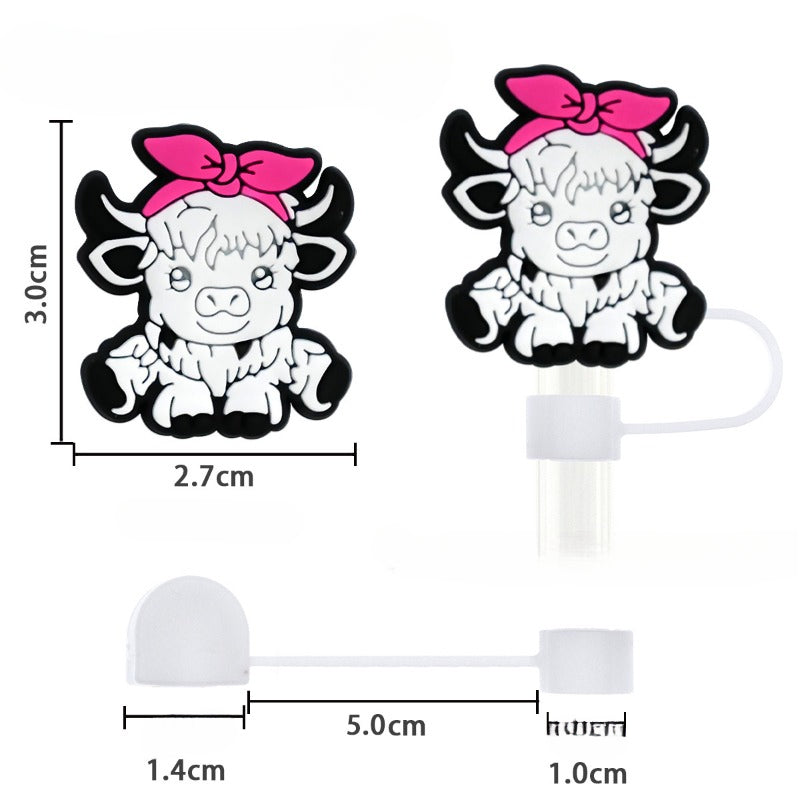 Wholesale Random 100pcs Cartoon Alpine Cow 10mm PVC Soft Straw Tube Cap ACC-SCR-RYY120