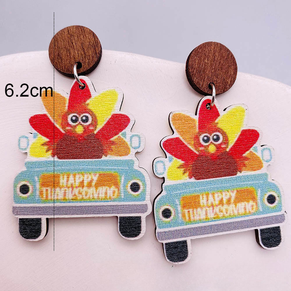 Wholesale Thanksgiving Halloween Pumpkin Turkey Car Water Drop Wood Earrings ACC-ES-ChenY043