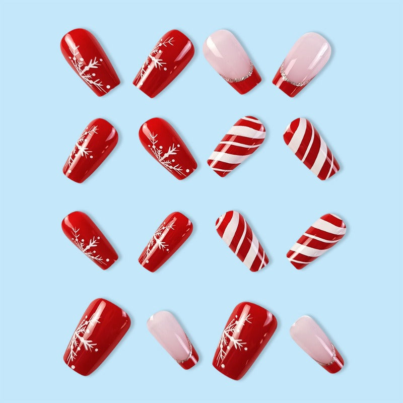Wholesale 24 Pieces/box Christmas Red and White Stripes Glitter Snowflake Nails Kits Nail Stickers ACC-NS-QXJ015