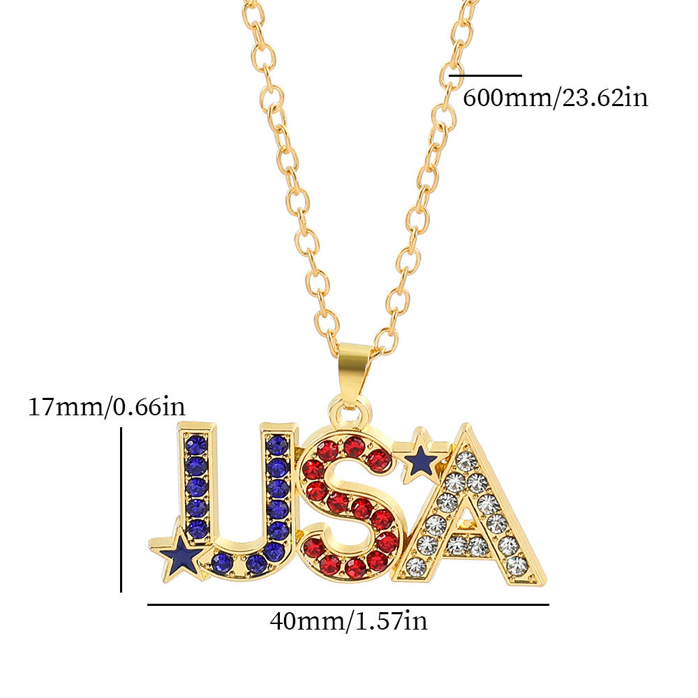 Wholesale American Independence Day Flag Five Pointed Star Diamond Alloy Necklace ACC-NE-MingXin001