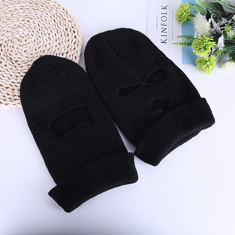 Wholesale black cycling pullover hat three hole double layer wool hat