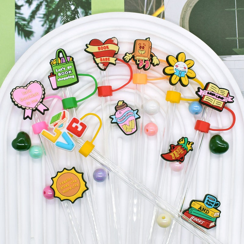 Wholesale Random 100pcs Bookworm Series 10mm PVC Soft Straw Tube Cap  ACC-SCR-RYY115