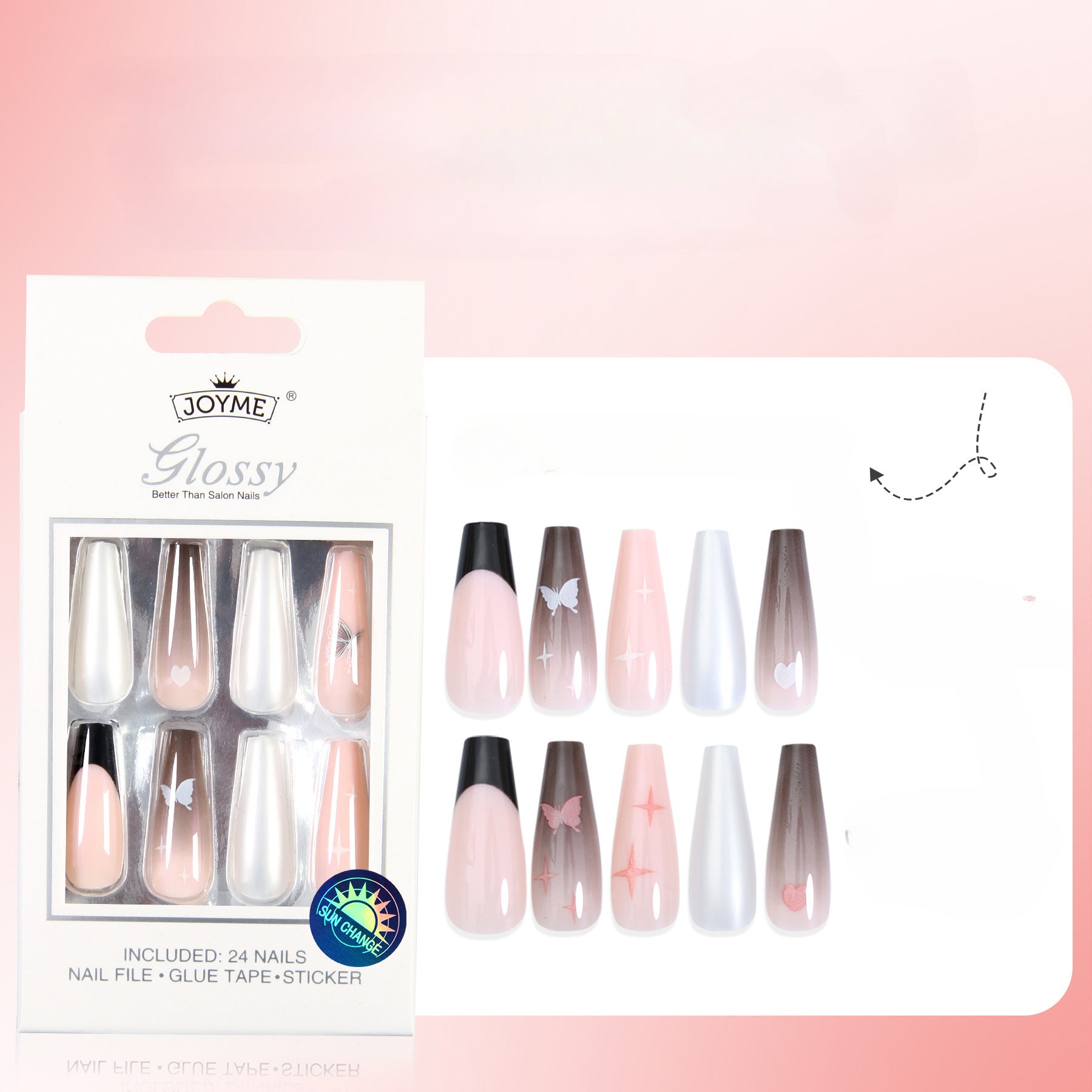Wholesale Temperature Varying Light Varying Cow Pattern Butterfly Colored Press on Nails Kits 24 Pieces Back Adhesive Plastic Nail Tablets ACC-NS-XKQ025