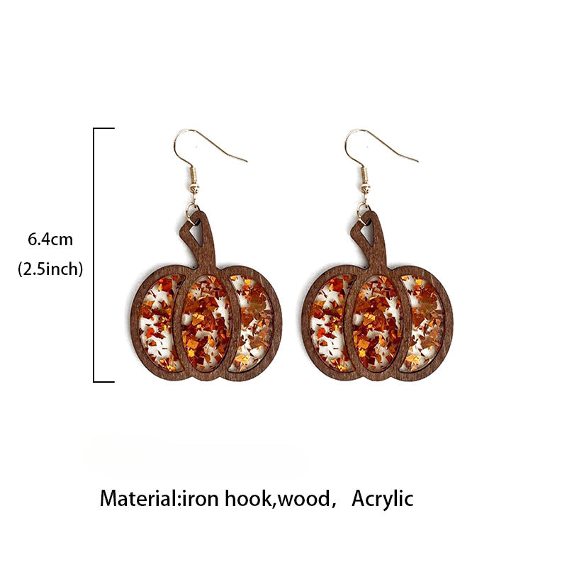 Wholesale Halloween Pumpkin Wood Inlay Acrylic Hollow Earrings ACC-ES-XinChuan053