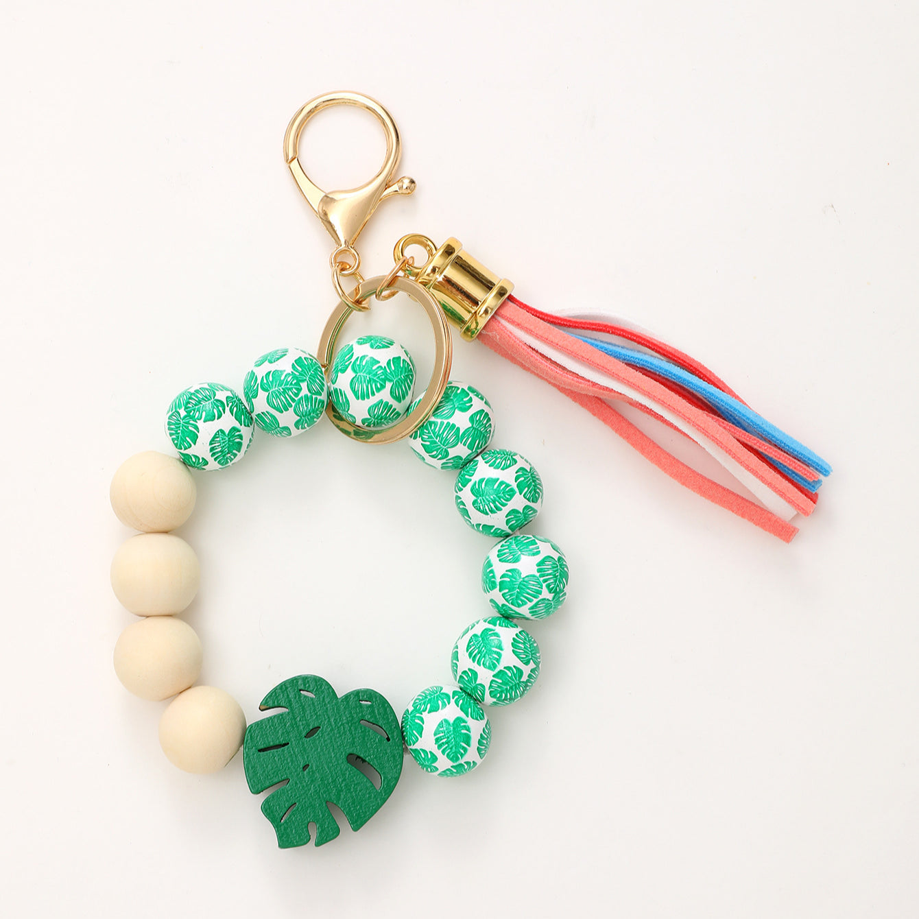 Wholesale Colorful Tassel Cat Claw Leaf Wooden Beaded Wristlet Keychain ACC-KC-YTian023