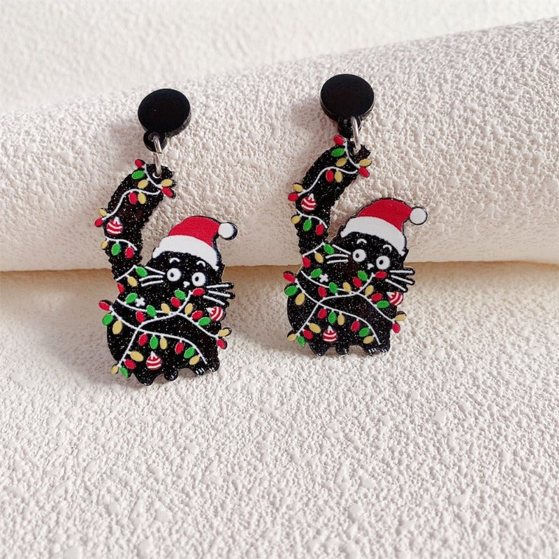 Wholesale Christmas New Acrylic Glitter Cartoon Black Cat Santa Claus Red Hat Earrings ACC-ES-Hongw001