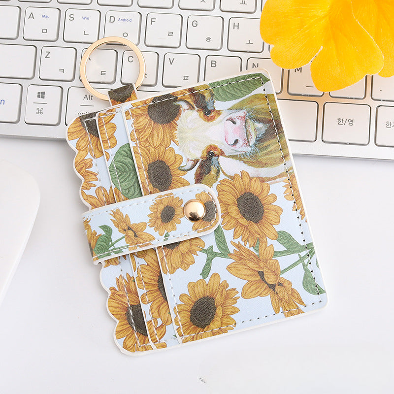 Wholesale Western Style Sunflower Cow Head Cow Pattern Cactus PU Pickup Bag Keychain ACC-KC-MiQiu002