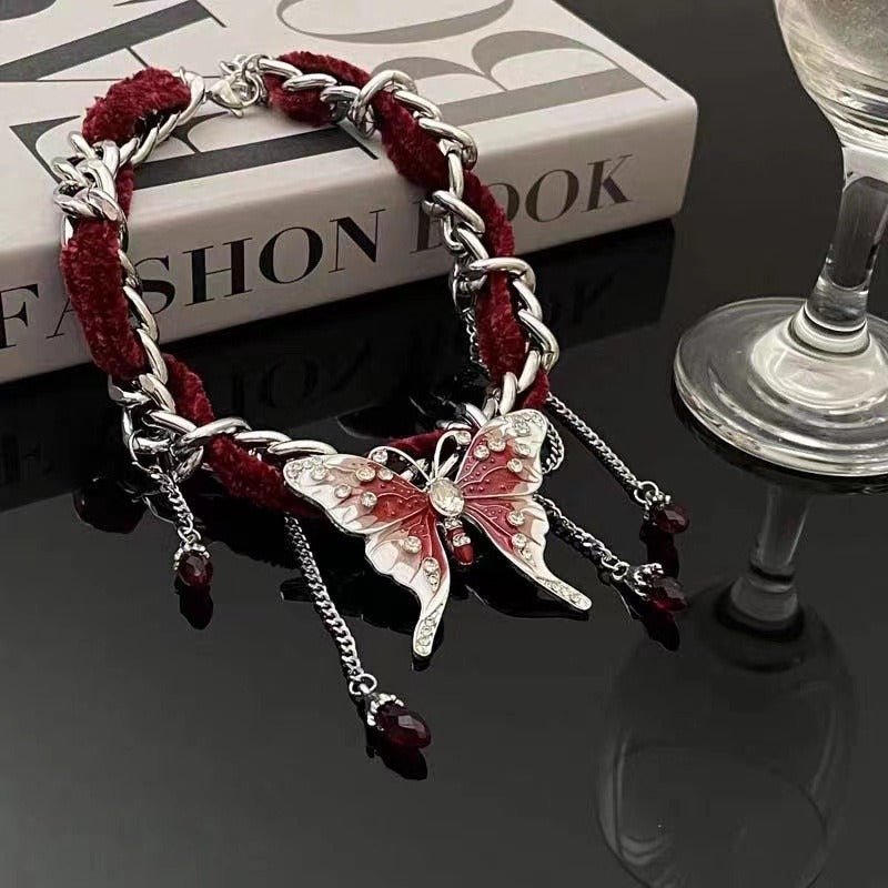 Wholesale Red Velvet Butterfly Tassel Necklace ACC-NE-Niqi001