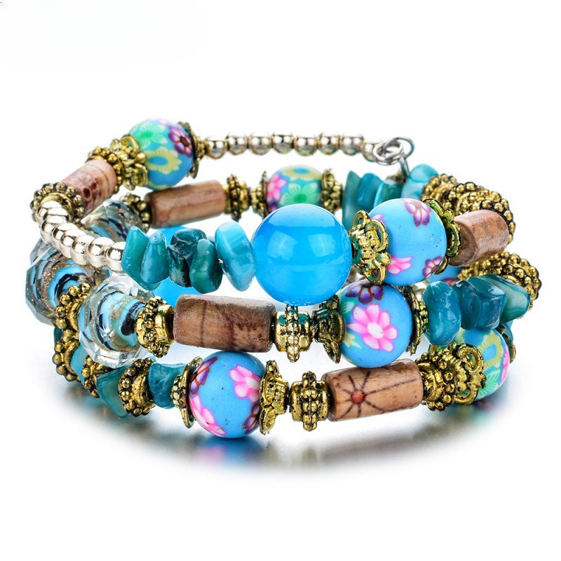 Wholesale Bohemian Gravel Crystal Glass Beads Mixed with Multi-layered Polymer Clay Bracelet ACC-BT-Zheq006