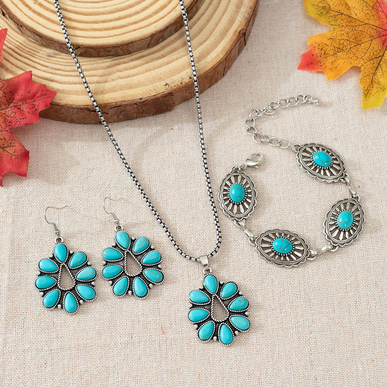 Wholesale Bohemian Vintage Turquoise Teardrop Necklace Earrings Bracelet ACC-NE-Gaoz002