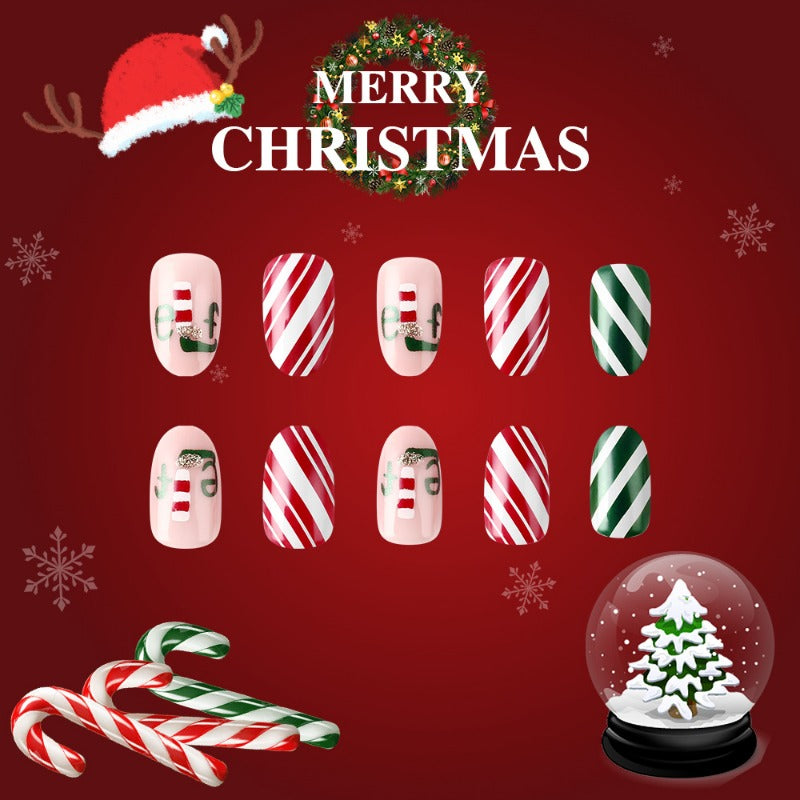 Wholesale 24 Pieces/box Christmas Red and Green Stripes Nails Kits Nail Stickers ACC-NS-MiKe010