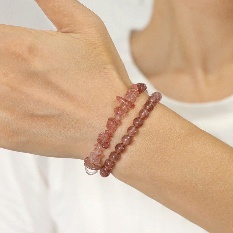 Wholesale Double Layer Natural Strawberry Crystal 8mm Bead Elastic Bracelet ACC-BT-YinYi009