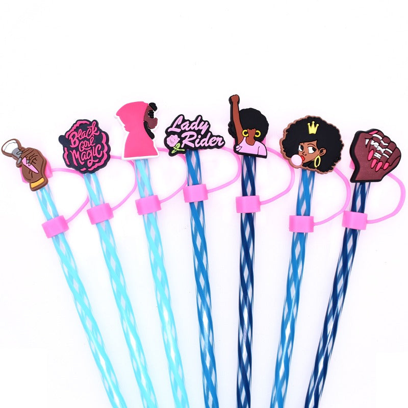 Wholesale Random 100pcs Black Girls 10mm PVC Soft Straw Tube Cap  ACC-SCR-RYY111