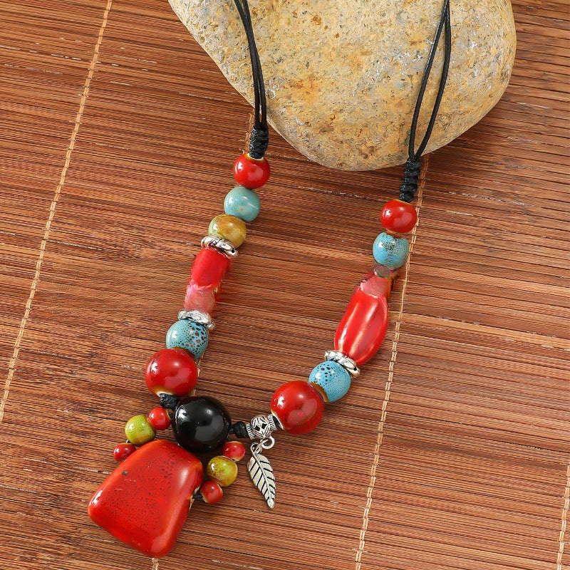 Wholesale Ethnic Style Red Pendant Ceramic Beaded Necklace ACC-NE-JunJie013