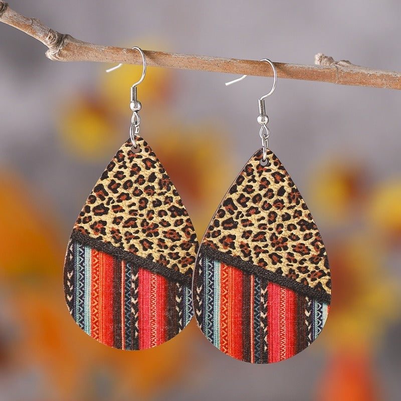 Wholesale Western Ethnic Style Bohemian Leopard Print Wooden Double-sided Earrings ACC-ES-ChuLian105