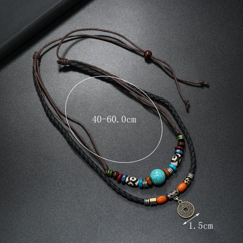 Wholesale Vintage Style Multi-layer Turquoise Beaded Braided Leather Necklace ACC-NE-Saih004