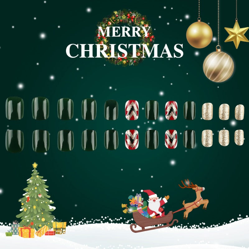 Wholesale 24 Pieces/box Christmas Glitter Dark Green Nails Kits Nail Stickers ACC-NS-MiKe015
