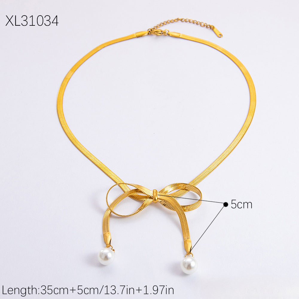 Wholesale 18K Gold Stainless Steel Bow Pearl Necklace Bracelet Set ACC-NE-YuHui009