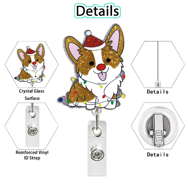 Wholesale Christmas Glitter Acrylic Sloth Dinosaur Puppy Retractable Rotating Badge Keychain ACC-KC-QiDing032