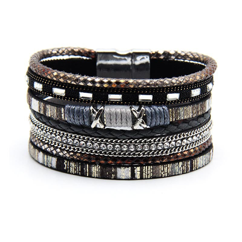Wholesale Women S Bohemian Handmade Braided Rope Bracelet Black Artificial Leather With Magnetic Clasp Fashion Accessory For Boutique Resale