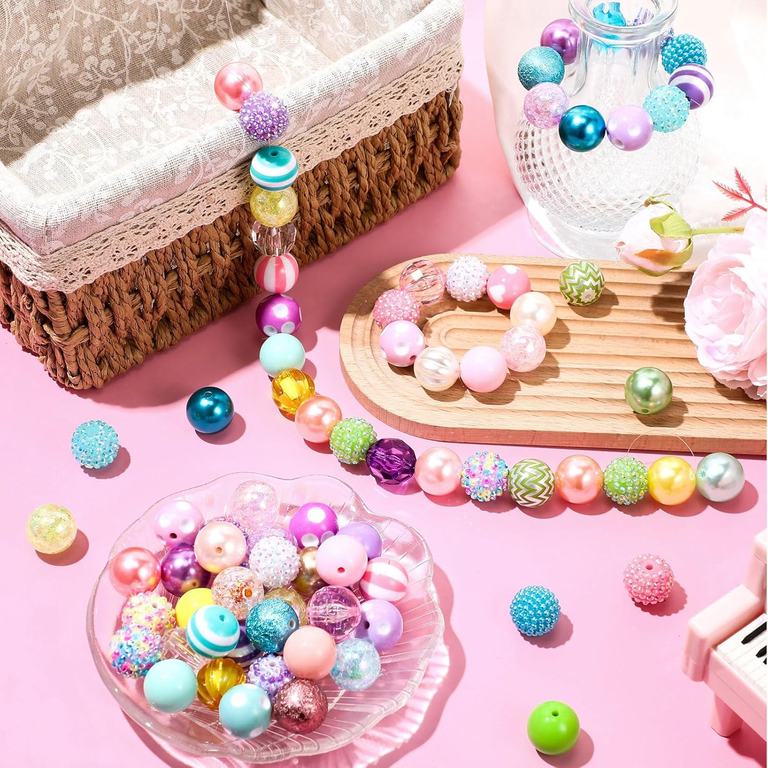 Whaline 50pcs 20mm Rhinestone Bubblegum Beads for Pens Mixed Crystal Resin Chunky Beads for DIY Craft Keychain Necklace Bracelet Jewelry Making