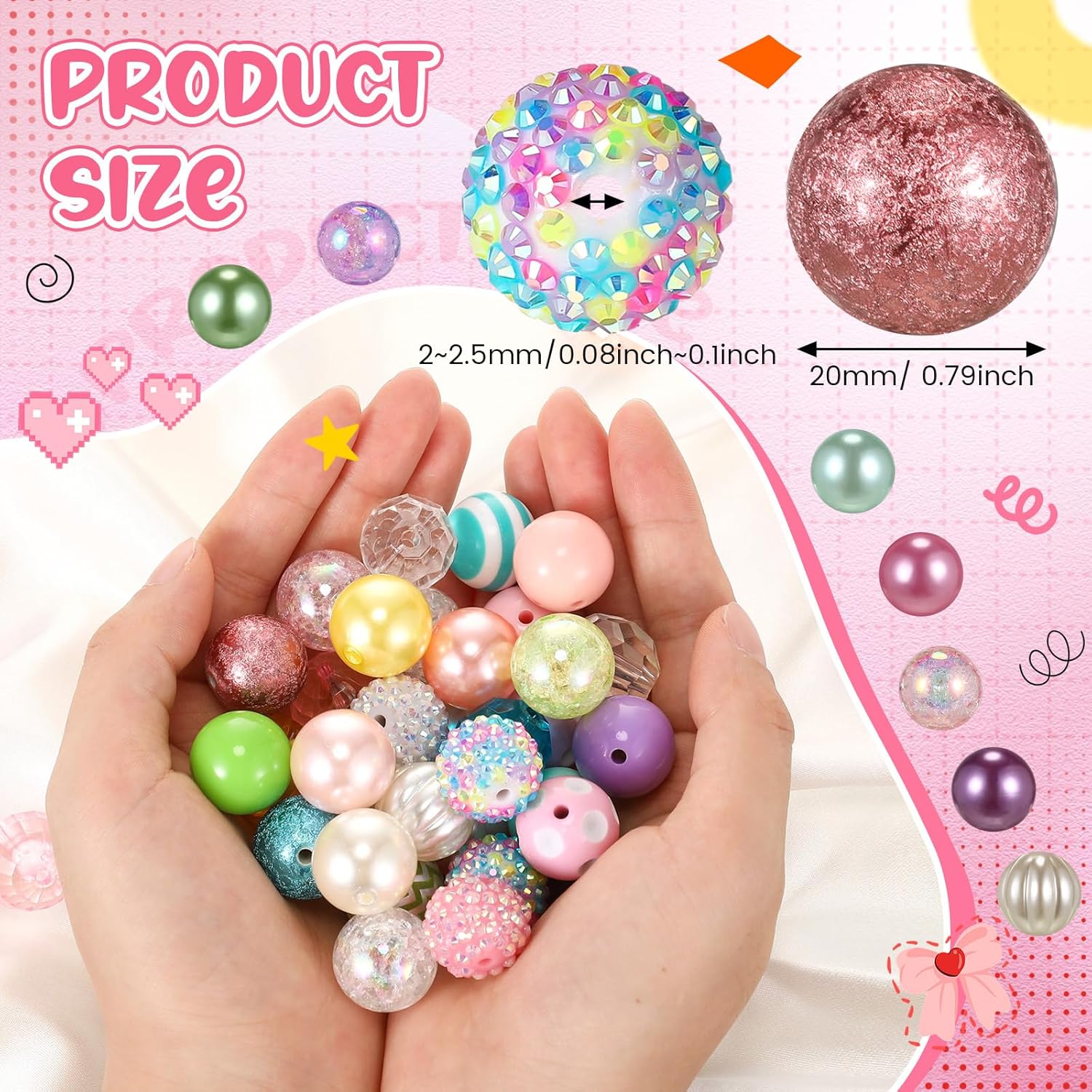 Whaline 50pcs 20mm Rhinestone Bubblegum Beads for Pens Mixed Crystal Resin Chunky Beads for DIY Craft Keychain Necklace Bracelet Jewelry Making