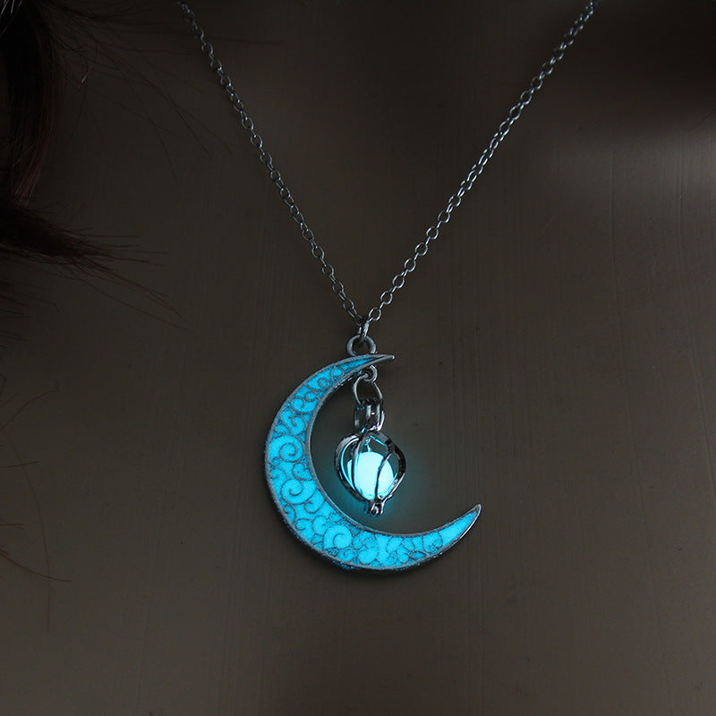 Wholesale Hollow Luminous Moon Rotating Bead Necklace