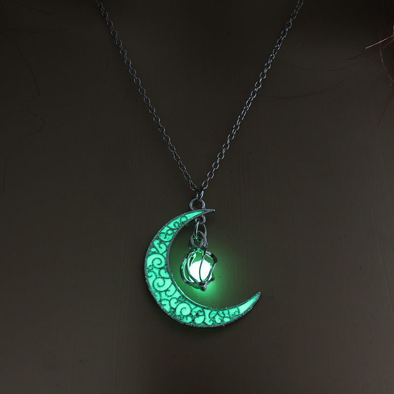 Wholesale Hollow Luminous Moon Rotating Bead Necklace