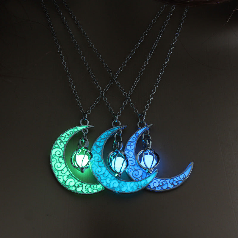 Wholesale Hollow Luminous Moon Rotating Bead Necklace
