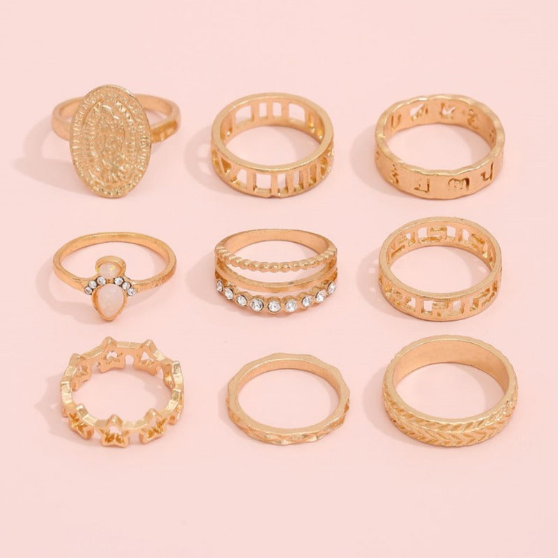 Wholesale 9-piece Hollow Five-pointed Star Alloy Joint Rings ACC-RS-GaoTu004