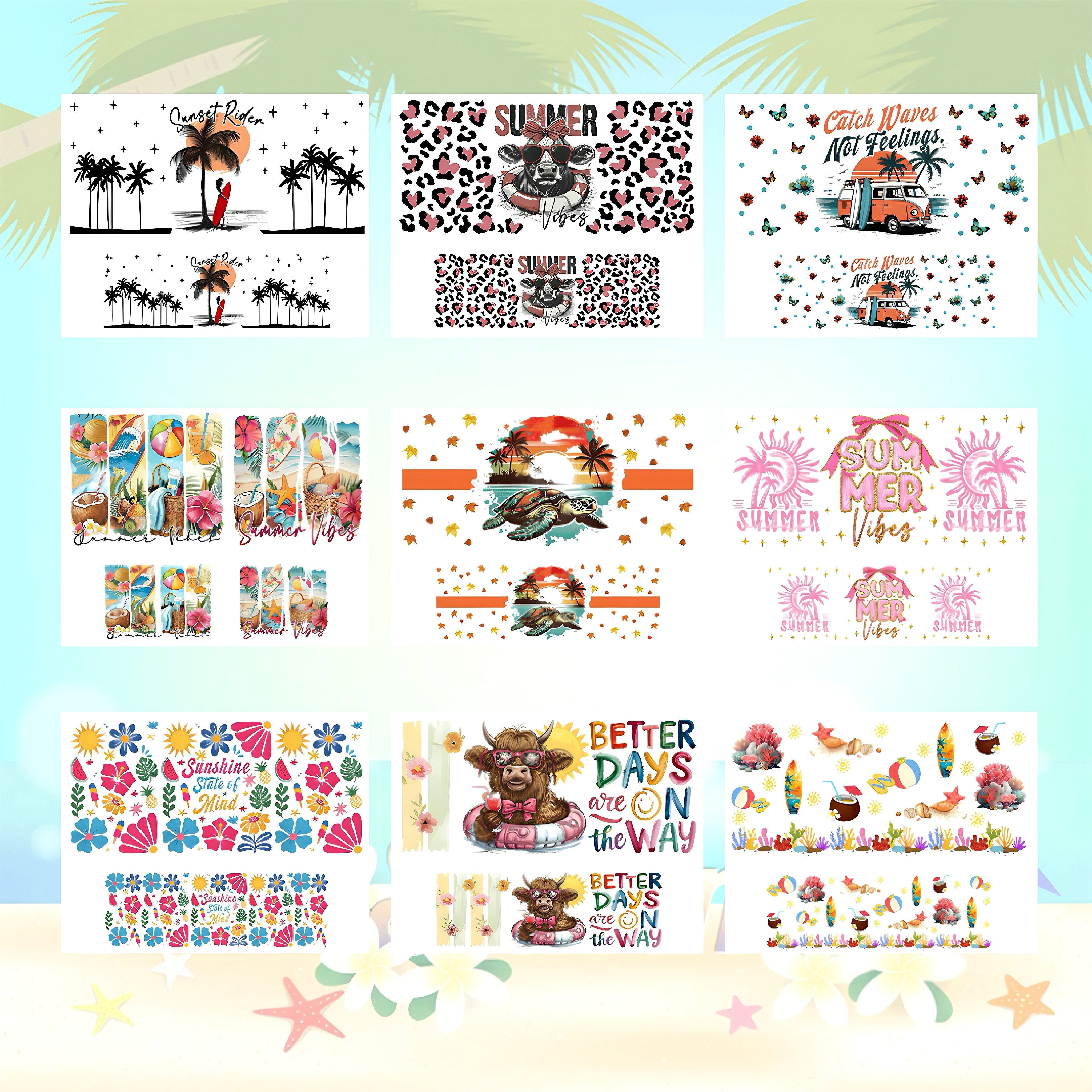 9pcs UV DTF Mini Tumbler Cup Keychain Wraps Lip Balm Holder, Summer Beach Holiday UV DTF Wraps Rub on Transfer Stickers for Women Cup Keychains Accessories, Cute Charms for Handbags and Backpack DIY Gift Cup Sticker Gift