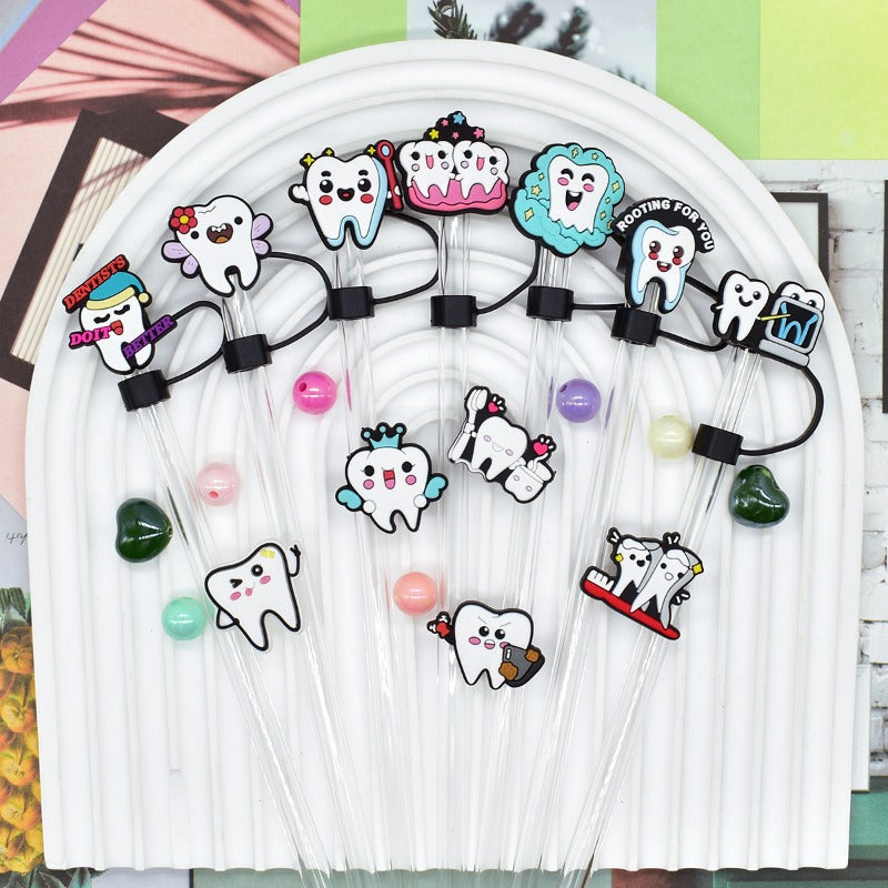 Wholesale random 100pcs Teeth Care Series 10mm PVC Soft Straw Tube Cap  ACC-SCR-RYY113