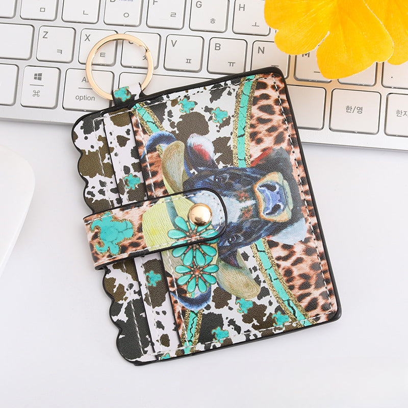 Wholesale Western Style Sunflower Cow Head Cow Pattern Cactus PU Pickup Bag Keychain ACC-KC-MiQiu002