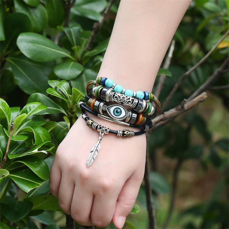 Wholesale Woven Leather Beaded Bracelet With Alloy Feather Pendant Unisex Party Fashion Jewelry Accessory For Gift Giving