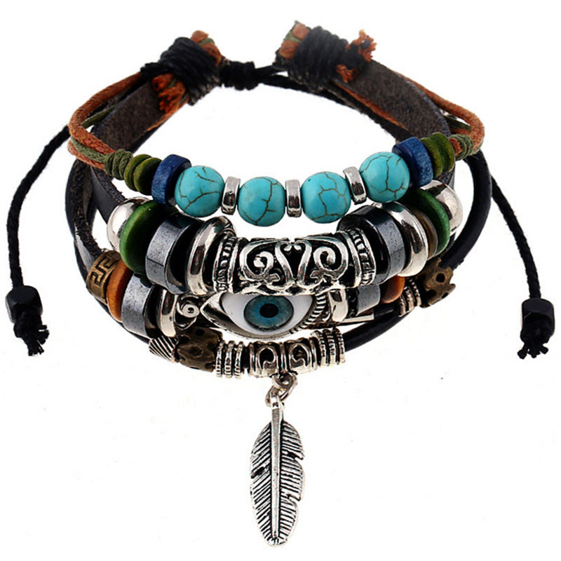 Wholesale Woven Leather Beaded Bracelet With Alloy Feather Pendant Unisex Party Fashion Jewelry Accessory For Gift Giving