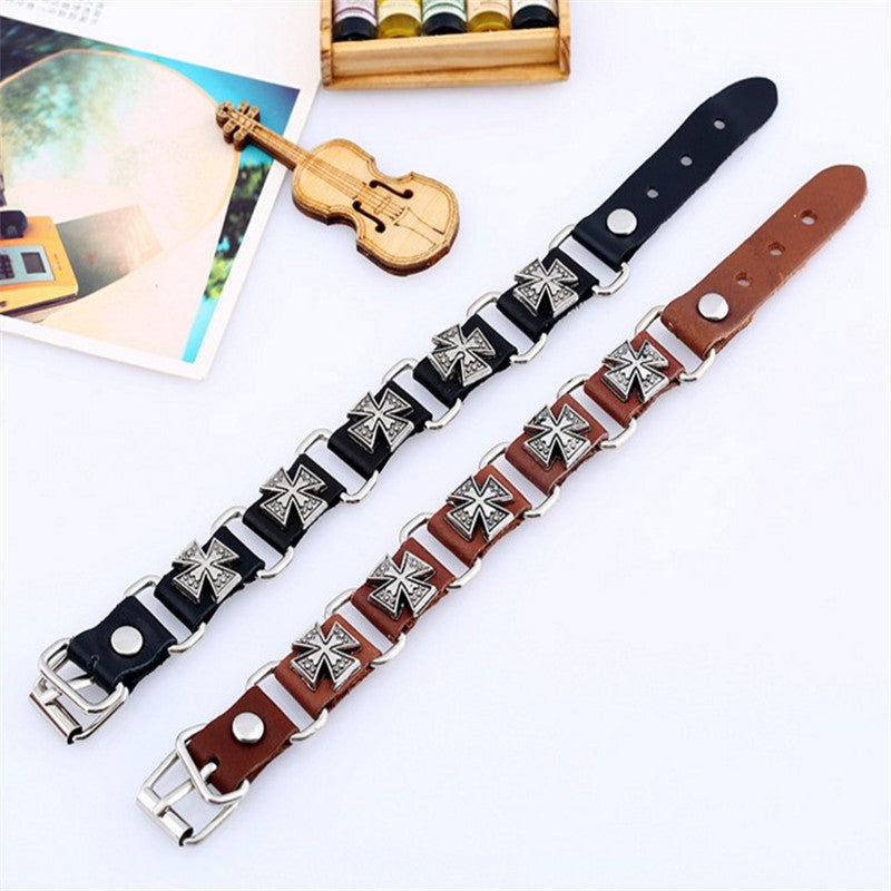 Wholesale Retro Punk Style Genuine Leather Bracelet With Alloy Cross Pendant Unisex Fashion Accessory