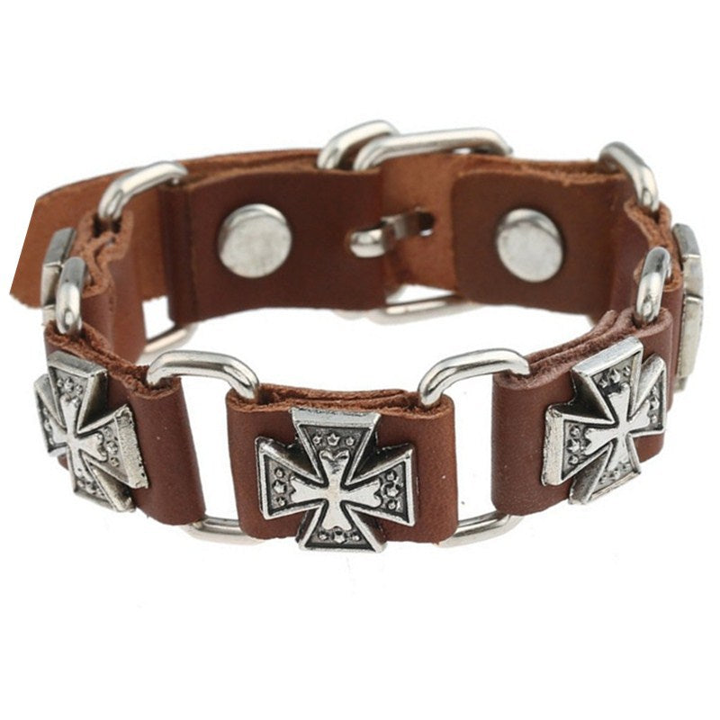 Wholesale Retro Punk Style Genuine Leather Bracelet With Alloy Cross Pendant Unisex Fashion Accessory