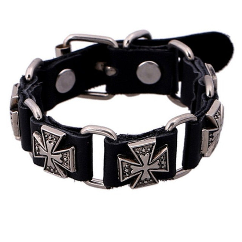 Wholesale Retro Punk Style Genuine Leather Bracelet With Alloy Cross Pendant Unisex Fashion Accessory