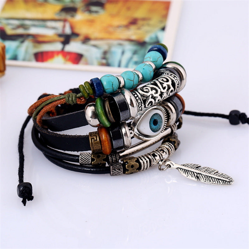 Wholesale Woven Leather Beaded Bracelet With Alloy Feather Pendant Unisex Party Fashion Jewelry Accessory For Gift Giving