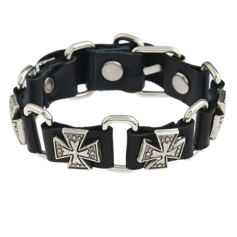 Wholesale Retro Punk Style Genuine Leather Bracelet With Alloy Cross Pendant Unisex Fashion Accessory