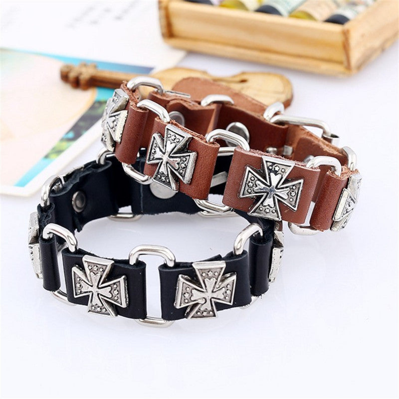 Wholesale Retro Punk Style Genuine Leather Bracelet With Alloy Cross Pendant Unisex Fashion Accessory