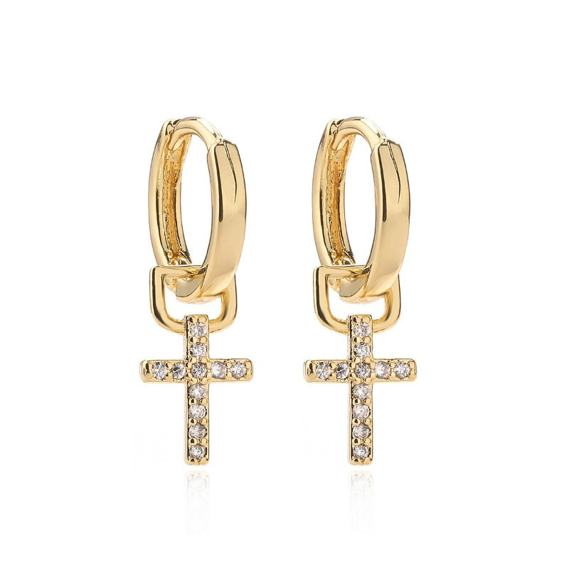 Wholesale Copper Plated Real Gold Inlaid Zircon Cross Earrings ACC-ES-AG007