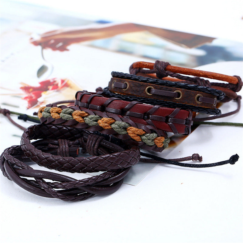 Wholesale Men's Vintage Braided Cowhide Bracelet DIY Multi-layer Bracelet Six-piece Set ACC-BT-Saih014
