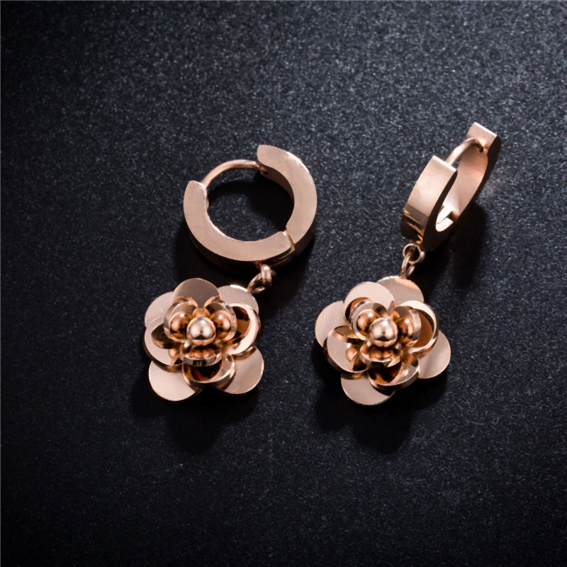 Wholesale Titanium Steel Camellia Earrings Flower Earrings Rose Gold ACC-ES-Ruon001