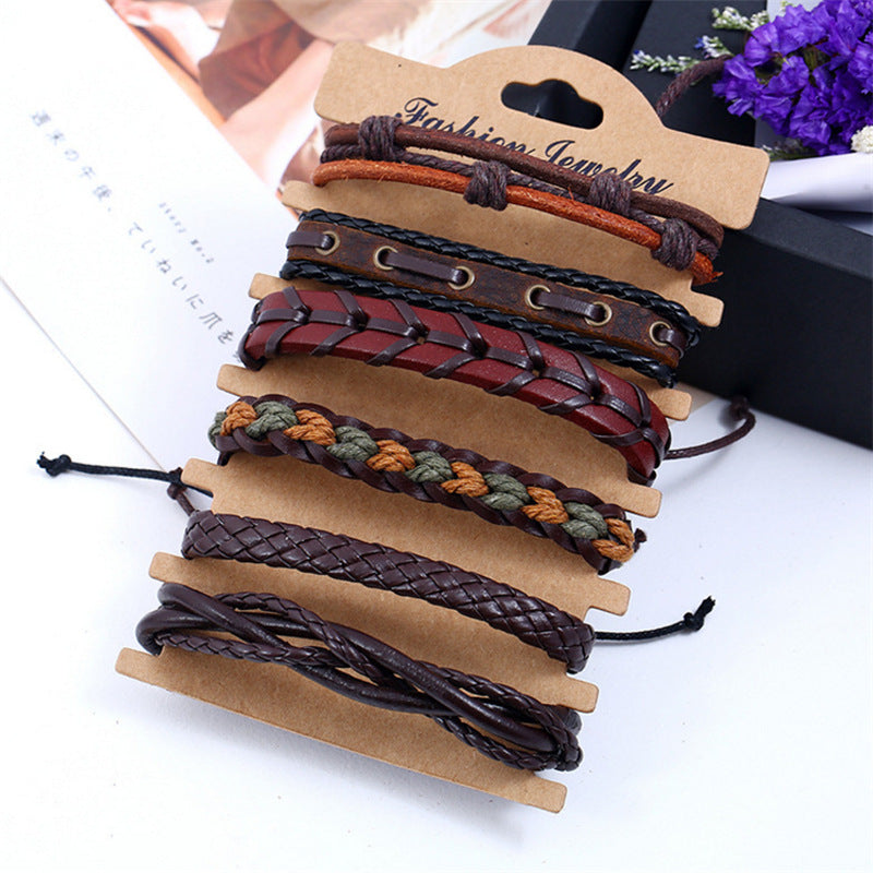 Wholesale Men's Vintage Braided Cowhide Bracelet DIY Multi-layer Bracelet Six-piece Set ACC-BT-Saih014