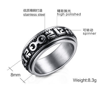 Wholesale retro rotatable six words mantra stainless steel ring men' s personality ring in stock