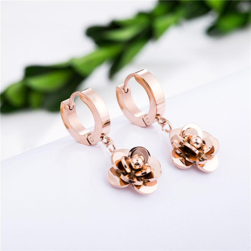 Wholesale Titanium Steel Camellia Earrings Flower Earrings Rose Gold ACC-ES-Ruon001