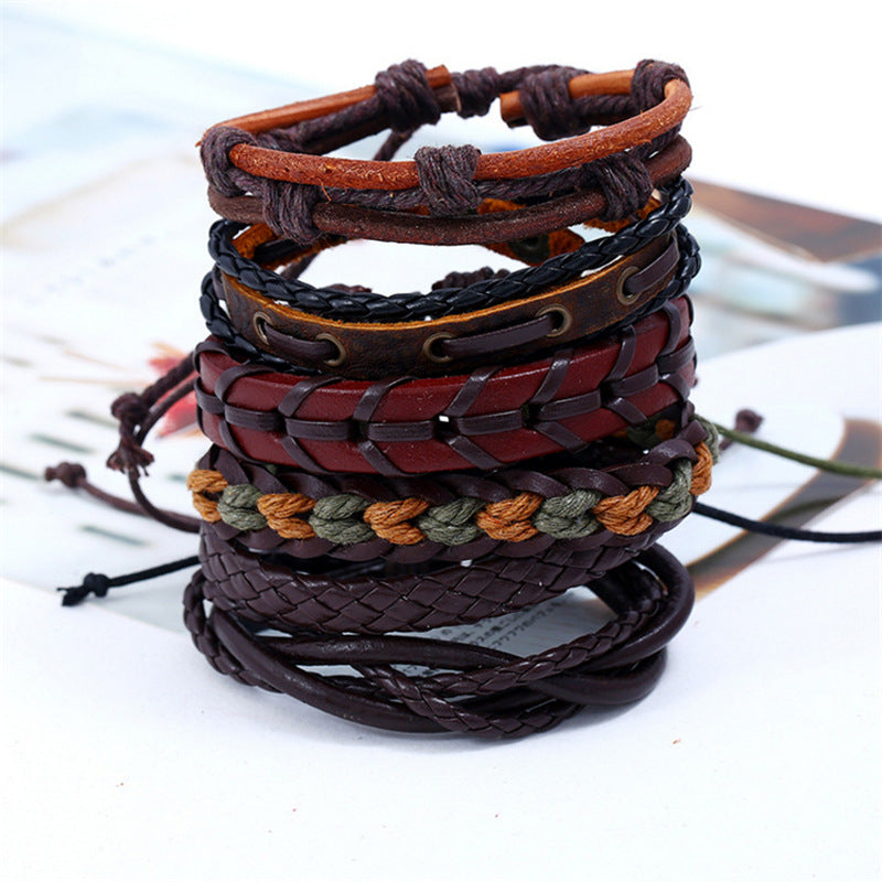 Wholesale Men's Vintage Braided Cowhide Bracelet DIY Multi-layer Bracelet Six-piece Set ACC-BT-Saih014