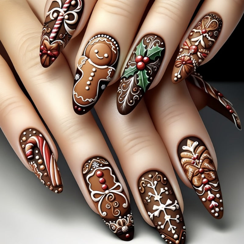 Wholesale 24 Pieces/box Brown Almond Nail Christmas Nail Kits Nail Stickers ACC-NS-Qianx001