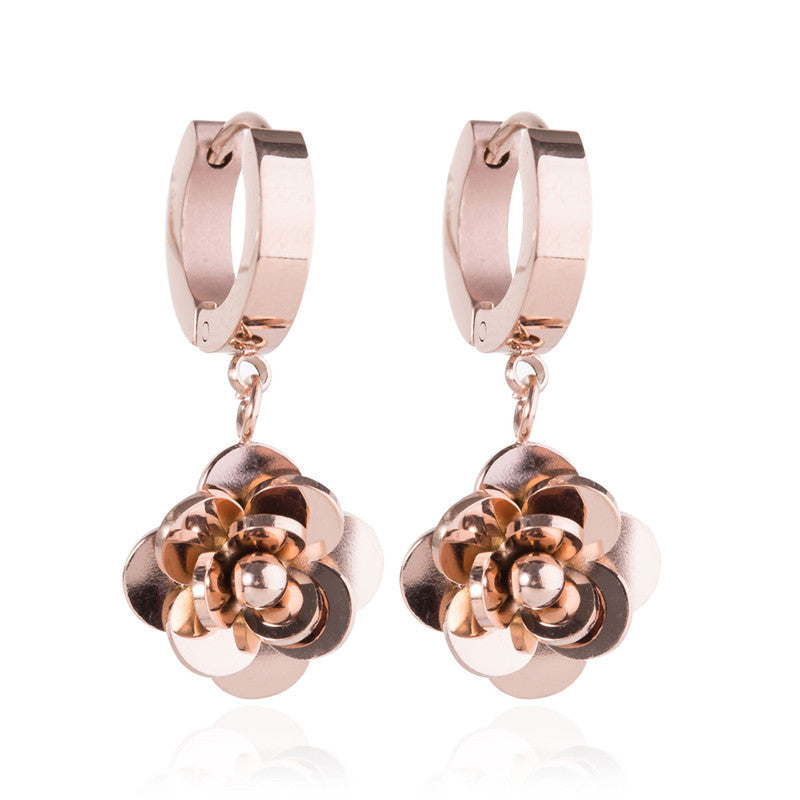 Wholesale Titanium Steel Camellia Earrings Flower Earrings Rose Gold ACC-ES-Ruon001